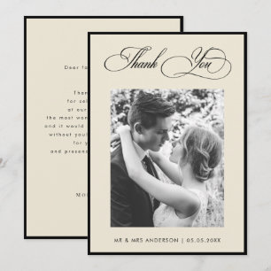 Elegant Border Vintage Ivory & Black Photo Wedding Thank You Card
