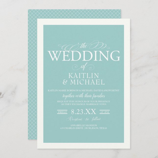Elegant Border Wedding Invitation-Light Turquoise) Invitation (Front/Back)