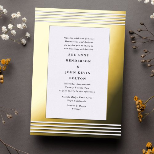 Elegant Border  Yellow Real Gold Frame Wedding Foil Invitation