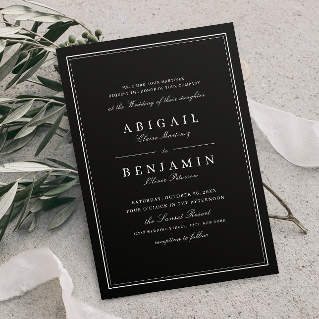 Elegant borders black and white minimalist wedding invitation (Elegant borders black minimalist wedding invitation)