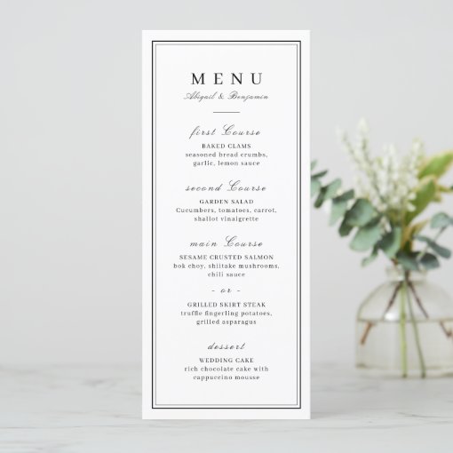 Elegant borders black & white minimalist wedding menu | Zazzle