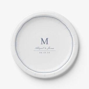 Elegant borders dusty blue minimalist monogram paper plates