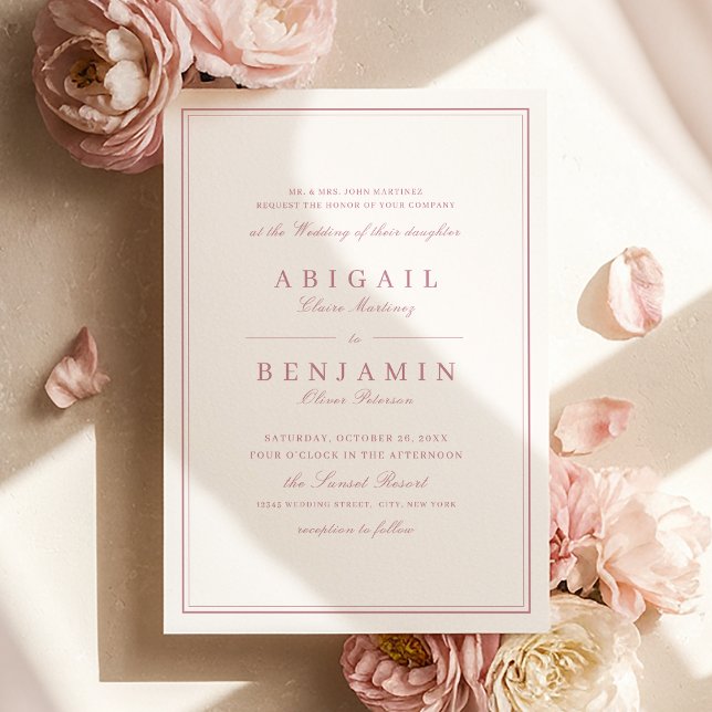 Elegant borders dusty pink minimalist wedding invitation (Elegant borders dusty pink minimalist wedding invitation)