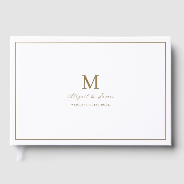 Elegant borders gold minimalist monogram wedding guest book (Front)