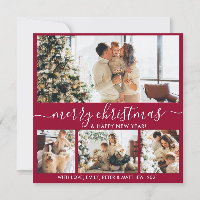 Elegant Bordo and White 4 Photo Collage Christmas Holiday Card (Front)