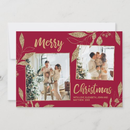 Elegant Bordo Gold Leaves 2 Photo Christmas Card