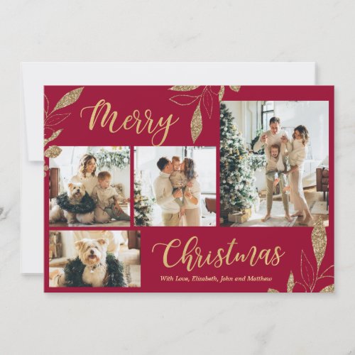 Elegant Bordo Gold Photo Collage Christmas Card 