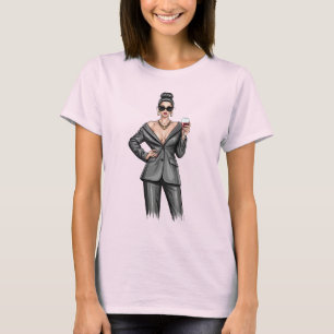 Elegant Boss Lady in Grey Power Suit with Red Wine T-Shirt