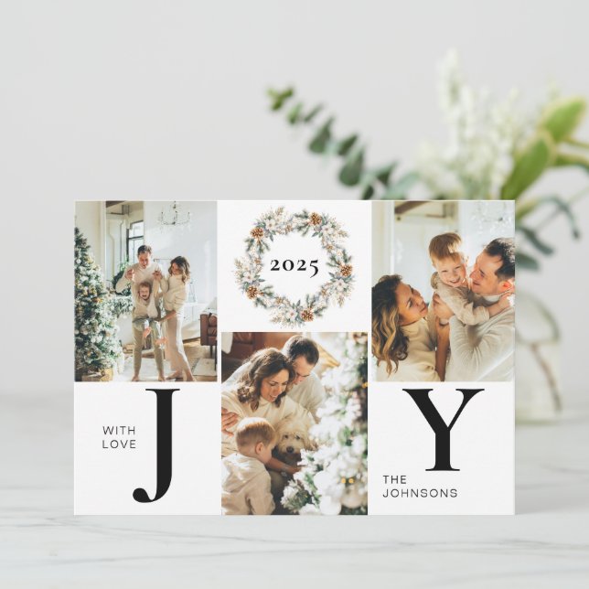 Elegant Botanica 3 Photo Collage | Joy Christmas Holiday Card (Standing Front)