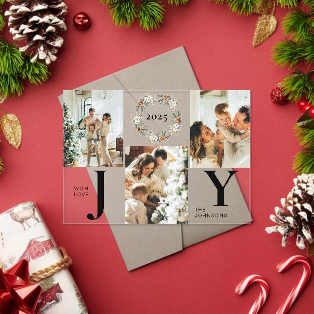 Elegant Botanica Photo Collage Joy Christmas Card Acrylic Invitations (Insitu (Holiday))