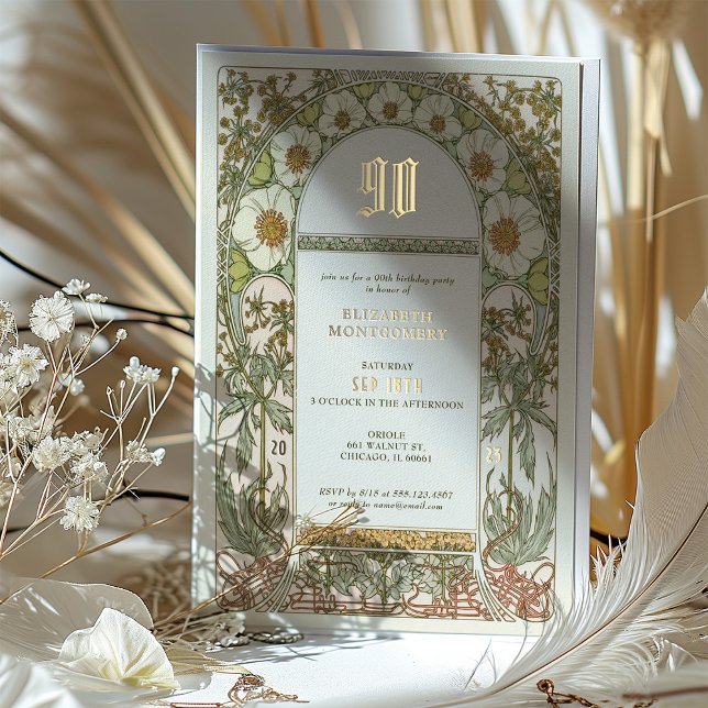 Elegant Botanical 90th Birthday Party Foil Invitation (Creator Uploaded)