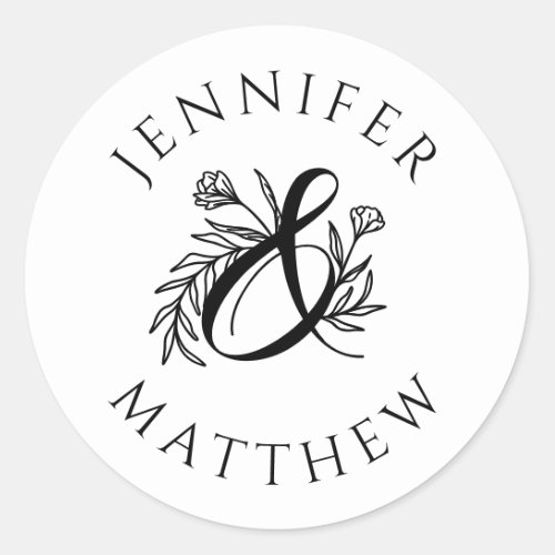 Elegant Botanical Ampersand Couples Names Wedding Classic Round Sticker