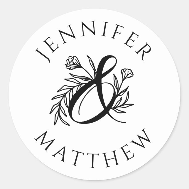Elegant Botanical Ampersand Couple's Names Wedding Classic Round Sticker (Front)