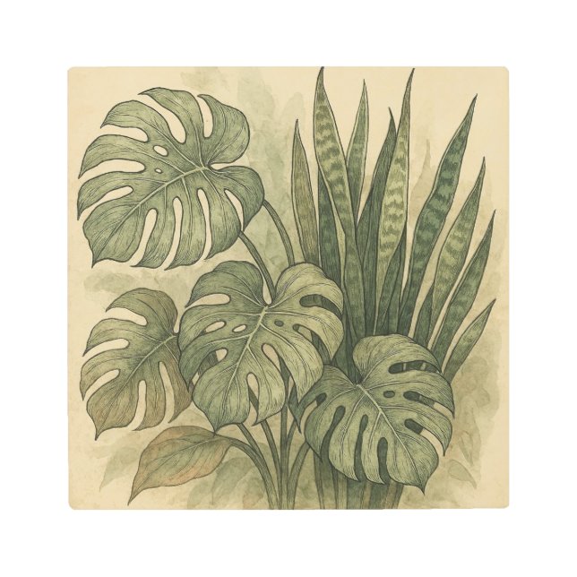 Elegant Botanical Art of Monstera and Snake Plant (Front)