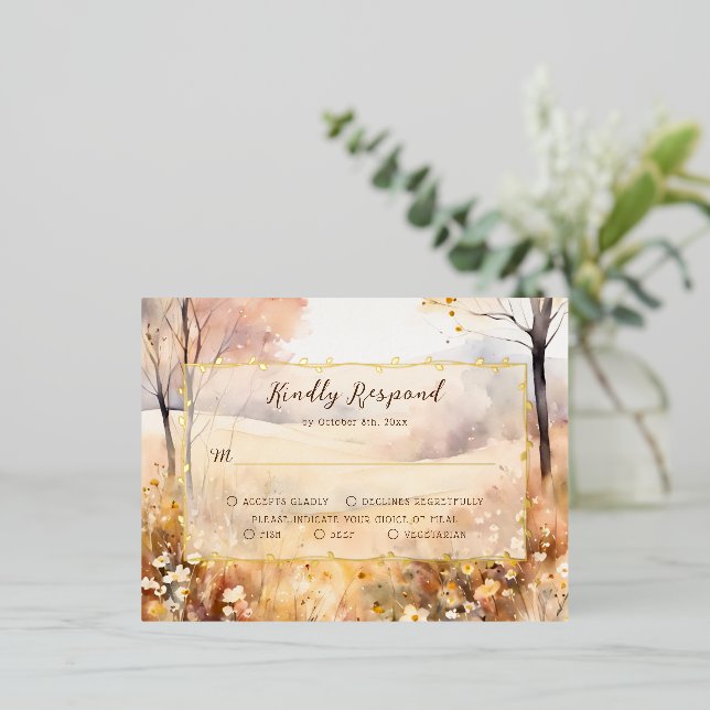 Elegant Botanical Autumn Boho Wedding RSVP Card (Standing Front)