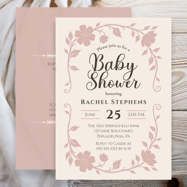 Elegant Botanical Baby Shower Blush Invitation (Elegant botanical baby shower invitation with soft blush floral frame on neutral background )