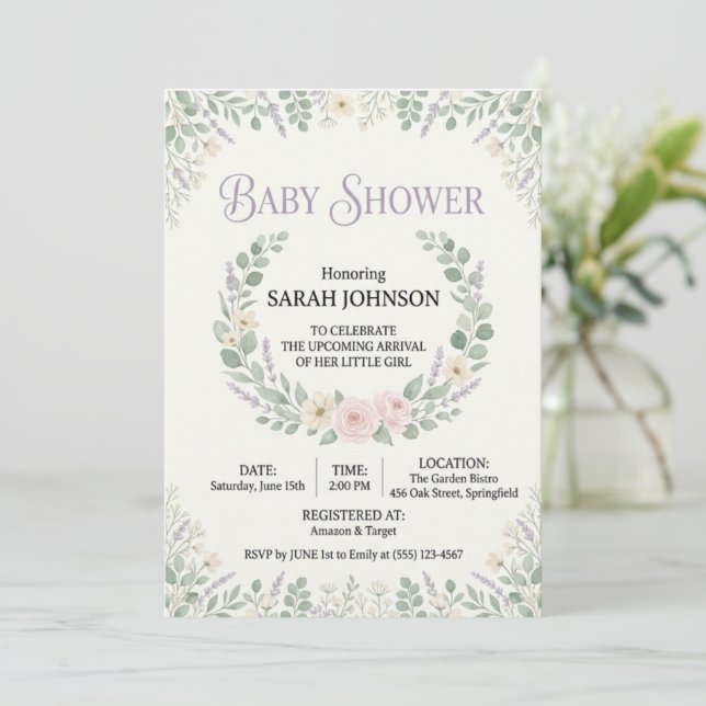 Elegant Botanical Baby Shower Invitation | Soft Fl (Standing Front)