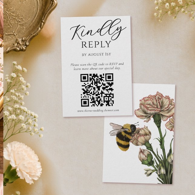 Elegant Botanical Bee Wedding RSVP QR Code Enclosure Card (Creator Uploaded)