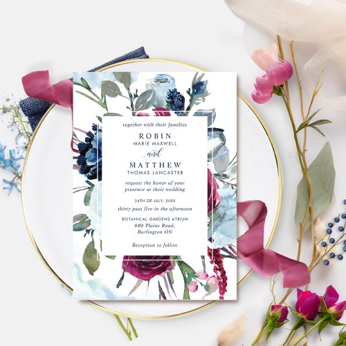 Elegant Botanical Berry and Blue Floral Wedding Invitation