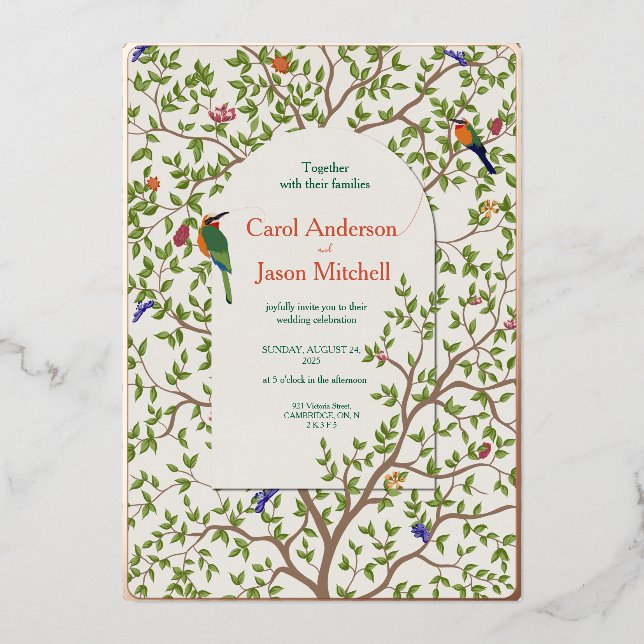 Elegant Botanical Bird Wedding Invitation Foil Invitation (Front)