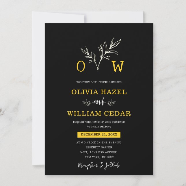 Elegant Botanical Black and Gold Monogram Wedding Invitation (Front)
