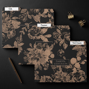 Elegant Botanical Black and Rose Gold Floral File Folder