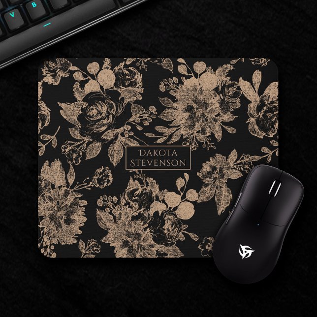 Elegant Botanical | Black and Rose Gold Floral Mouse Pad (Creator Uploaded)
