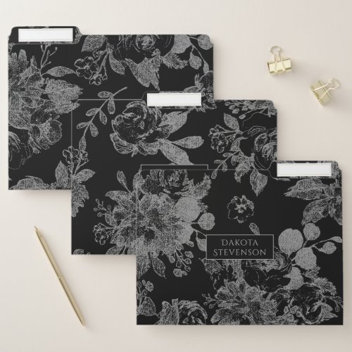 Elegant Botanical  Black and Silver Floral File Folder