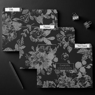 Elegant Botanical   Black and Silver Floral File Folder