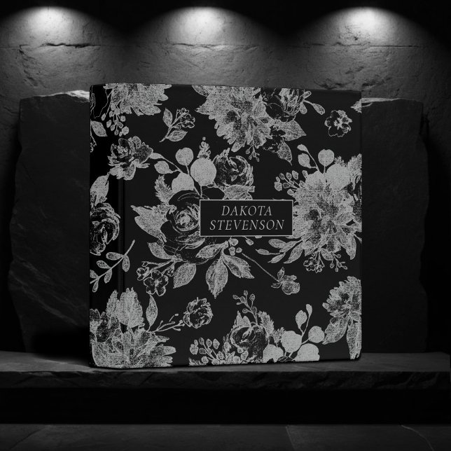 Elegant Botanical | Black and Silver Floral Photo 3 Ring Binder (Creator Uploaded)