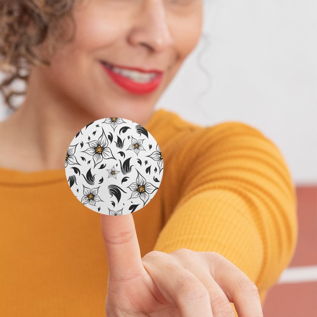 Elegant Botanical Black and White Floral Pattern Classic Round Sticker (Creator Uploaded)