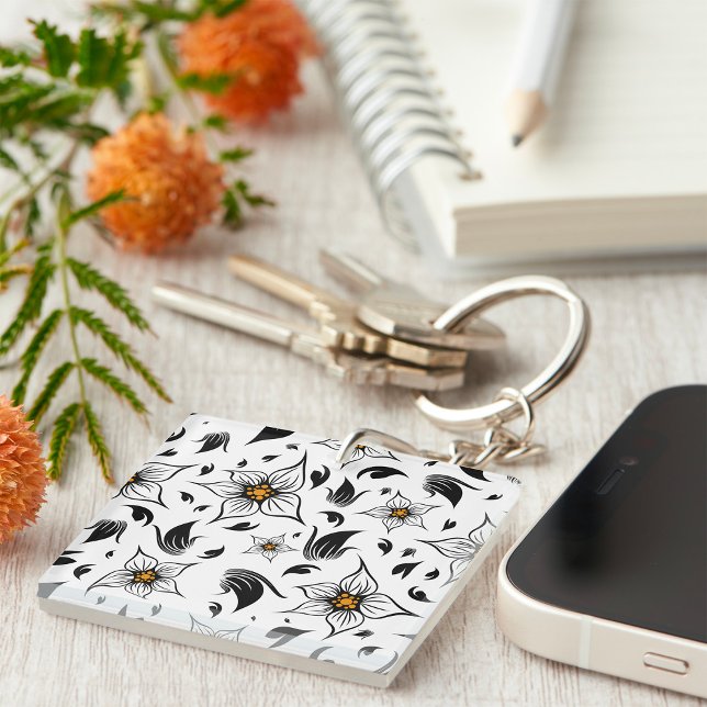Elegant Botanical Black and White Floral Pattern Keychain (Creator Uploaded)