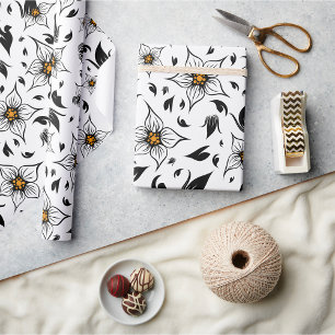 Elegant Botanical Black and White Floral Pattern Wrapping Paper
