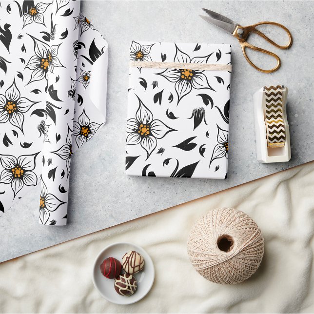 Elegant Botanical Black and White Floral Pattern Wrapping Paper (Creator Uploaded)