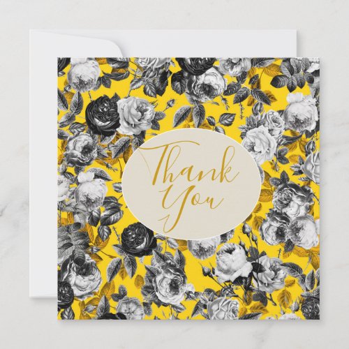 Elegant Botanical Black and White Roses on Yellow Thank You Card