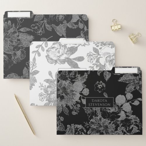 Elegant Botanical  Black and White Silver Floral File Folder