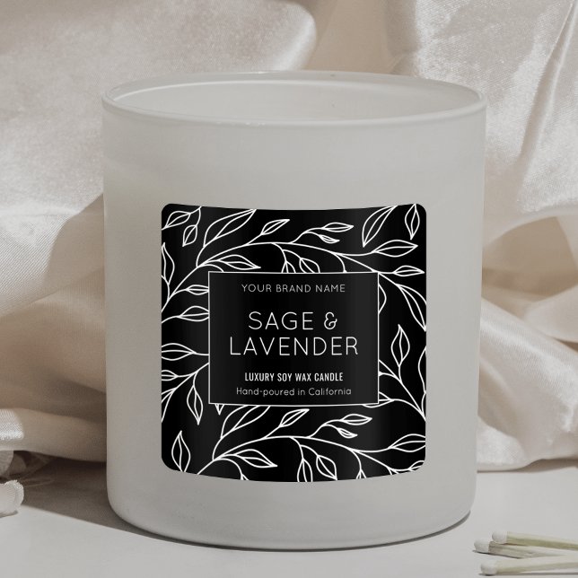 Elegant Botanical Black & White Product Jar Label (Simple botanical square product label in black and white)