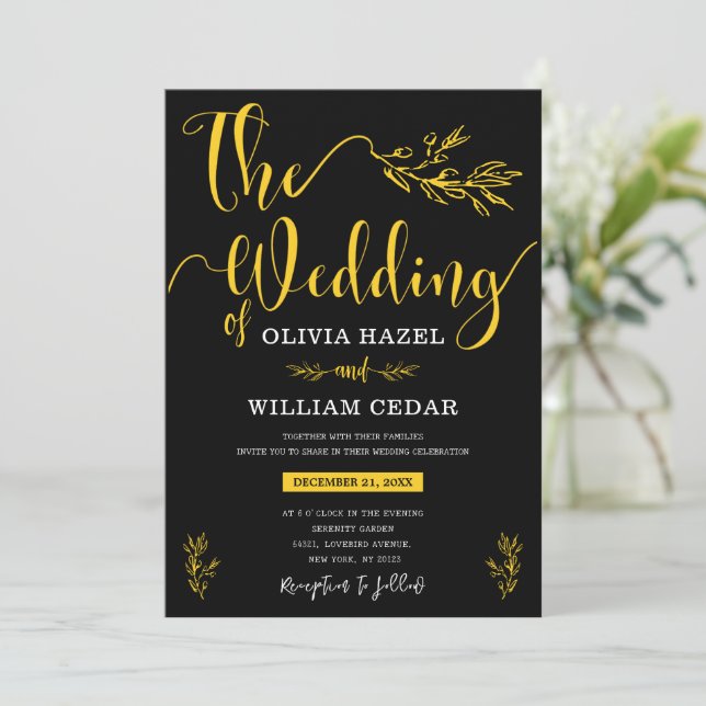 Elegant Botanical Black Yellow Customized Wedding  Invitation (Standing Front)