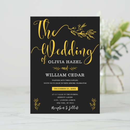 Elegant Botanical Black Yellow Customized Wedding  Invitation