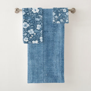Elegant Botanical Blue Faux Denim Look Towel