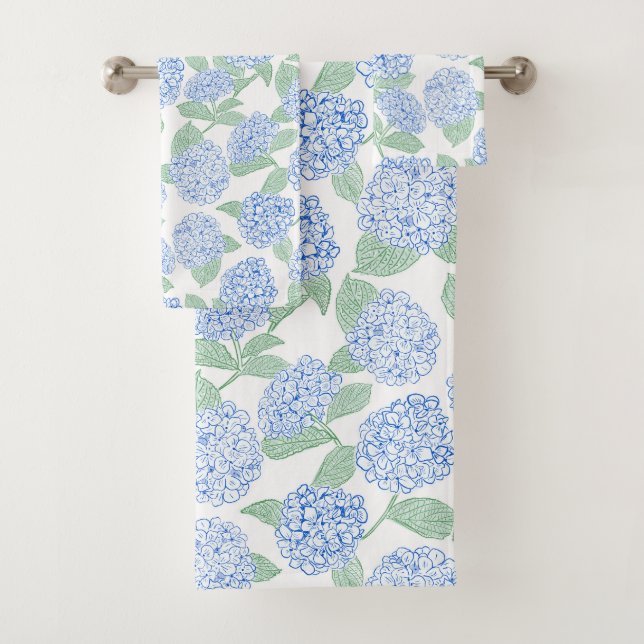 Elegant Botanical Blue Green Hydrangea Bath Towel Set (Insitu)