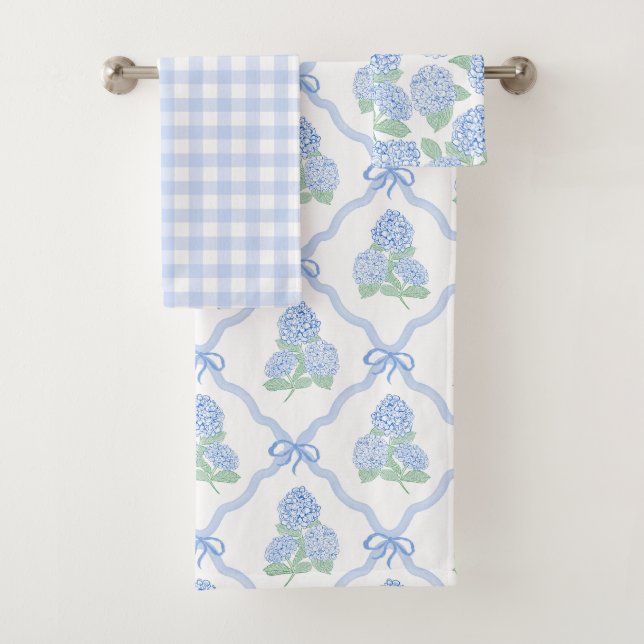 Elegant Botanical Blue Green Hydrangea Bath Towel Set (Insitu)