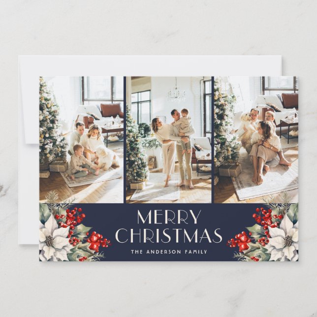 Elegant Botanical Blue Photo Collage Christmas Holiday Card (Front)