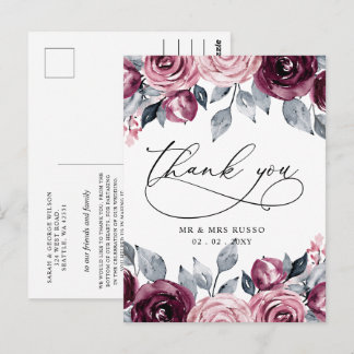 Elegant Botanical Blush Burgundy Floral Thank You Postcard