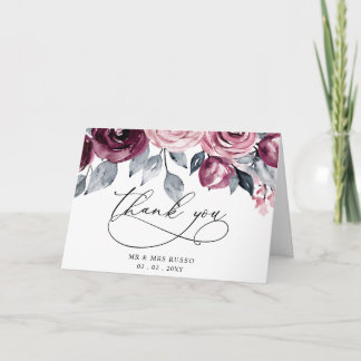 Elegant Botanical Blush Burgundy Floral Wedding Thank You Card