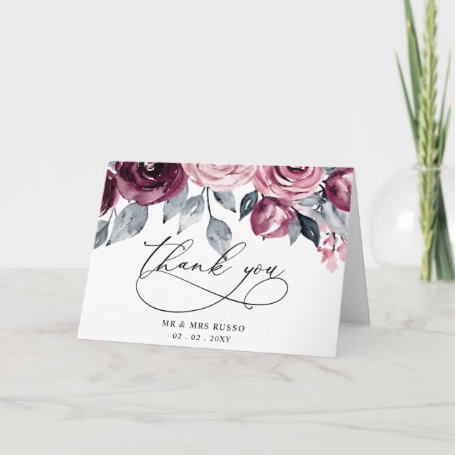  Elegant Botanical Blush Burgundy Floral Wedding Thank You Card (Front)