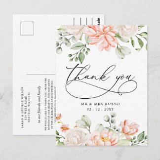 Elegant Botanical Blush Pink Floral Thank You Postcard