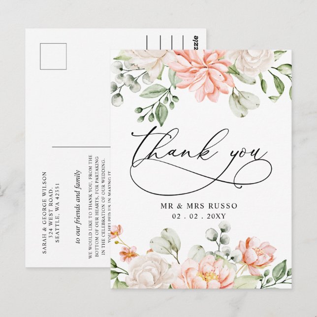 Elegant Botanical Blush Pink Floral Thank You Postcard (Front/Back)