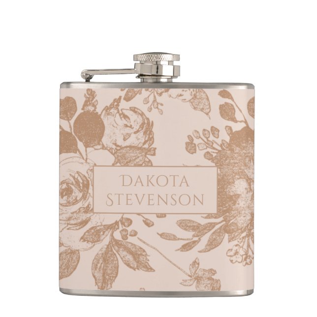 Elegant Botanical | Blush Pink Rose Gold Floral Flask (Front)