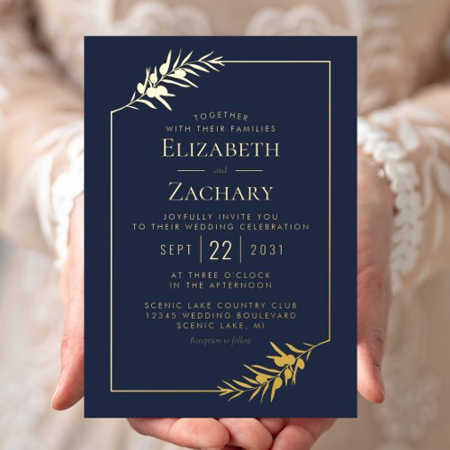 Elegant Botanical Border Gold Navy Blue Wedding Foil Invitation